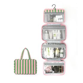 Green pink foldable hook toileting storage bag, waterproof multi compartment handheld skincare and makeup bag