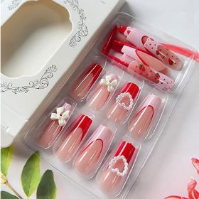 24 PCS Strawberry Bow Nail Art, Long Length Long Water Pipe Fake Nails,Square Head Nail Tips False Nail (Option: 24pcs)