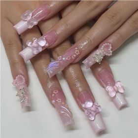 24 PCS Bear Bowbowknot Nail Art, Long Length Long Water Pipe Fake Nails,Square Head Nail Tips False Nail (Option: 24pcs)